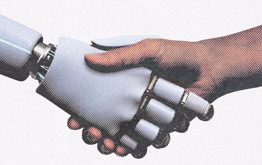 A robotic hand and a human hand shaking