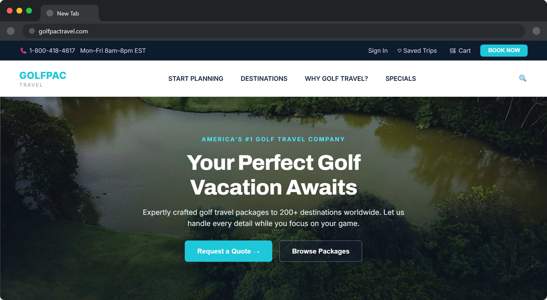 Screenshot of the live GolfPac Travel homepage, showing the hero headline "Your Perfect Golf Vacation Awaits" with Request a Quote and Browse Packages call-to-action buttons