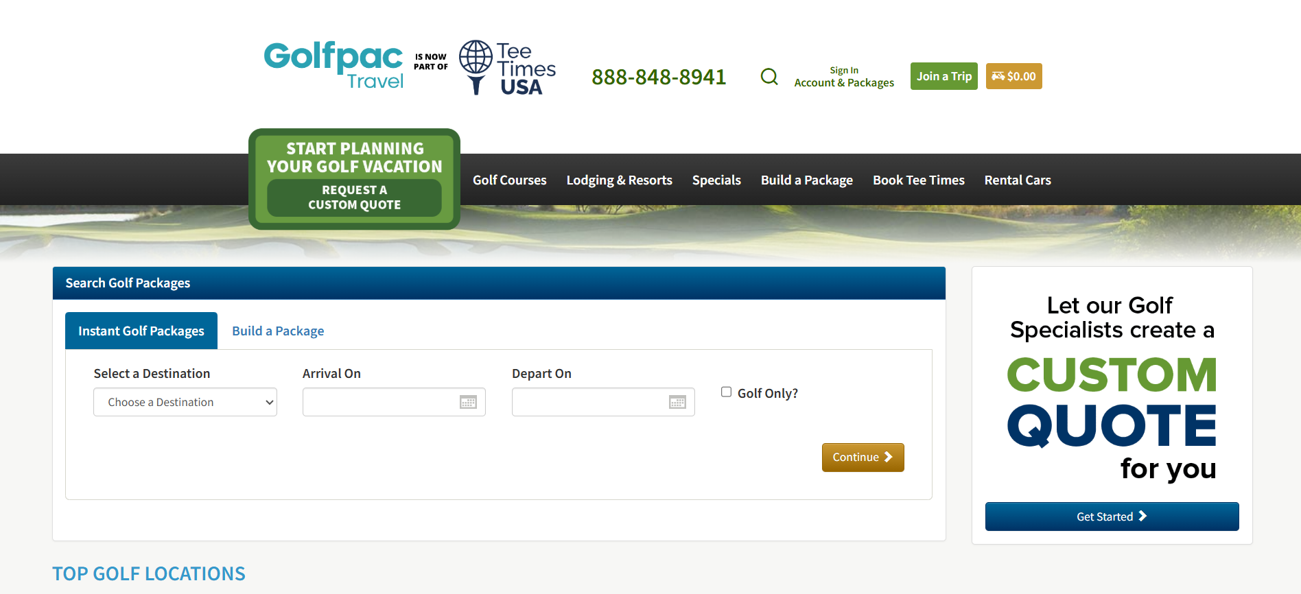 Original GolfPac Travel homepage before the redesign