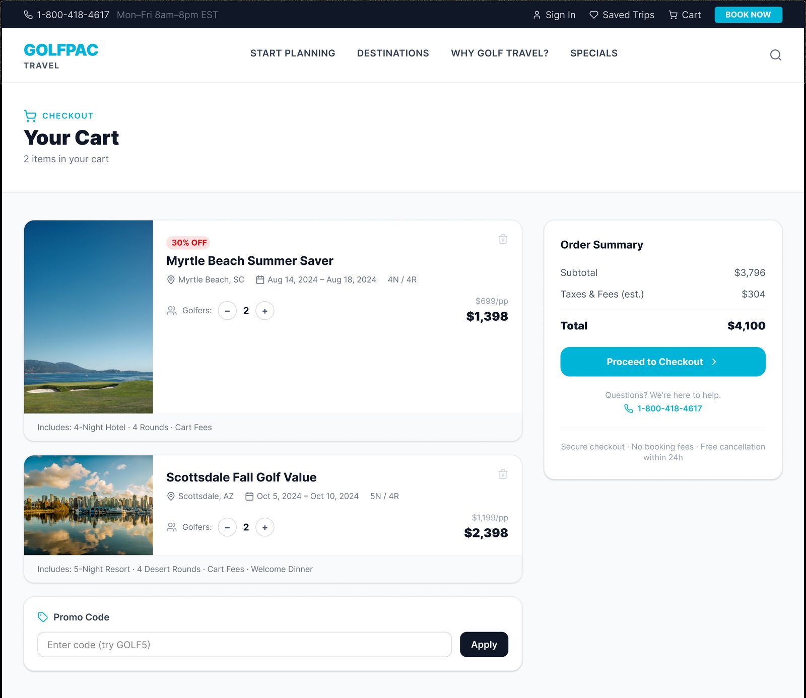 GolfPac Travel cart page, high-fidelity design