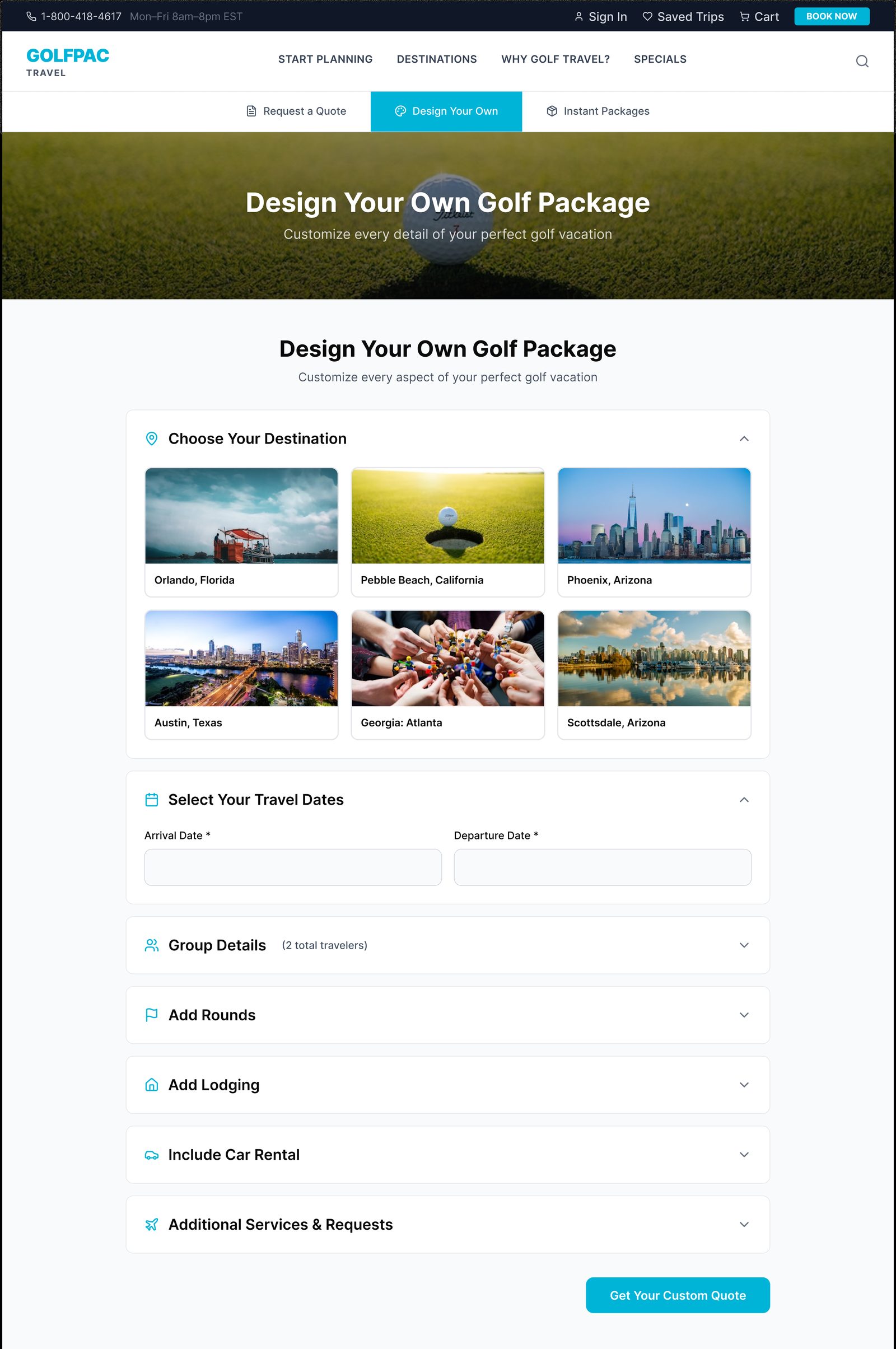 GolfPac Travel design your own package page, high-fidelity design