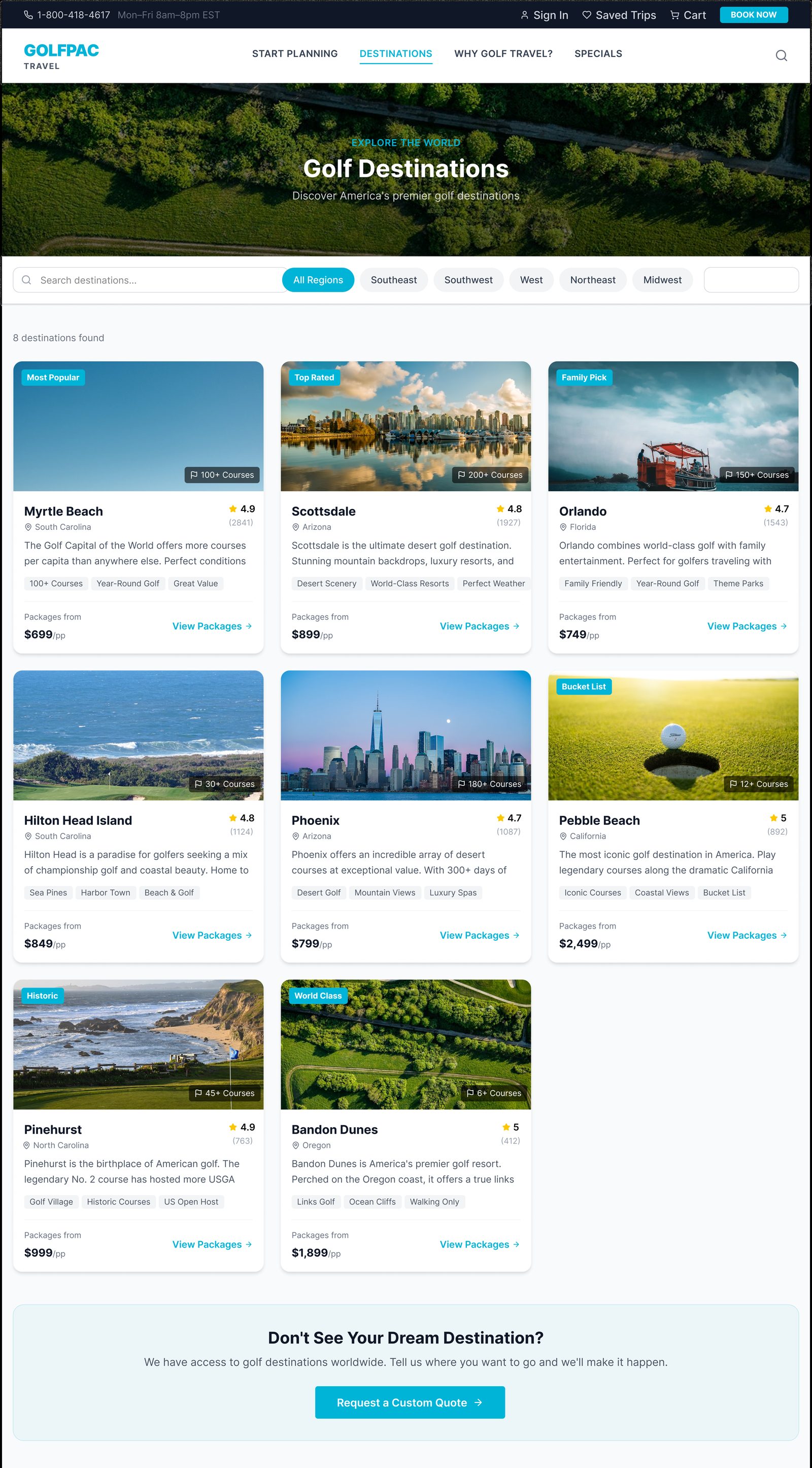 GolfPac Travel destinations page, high-fidelity design