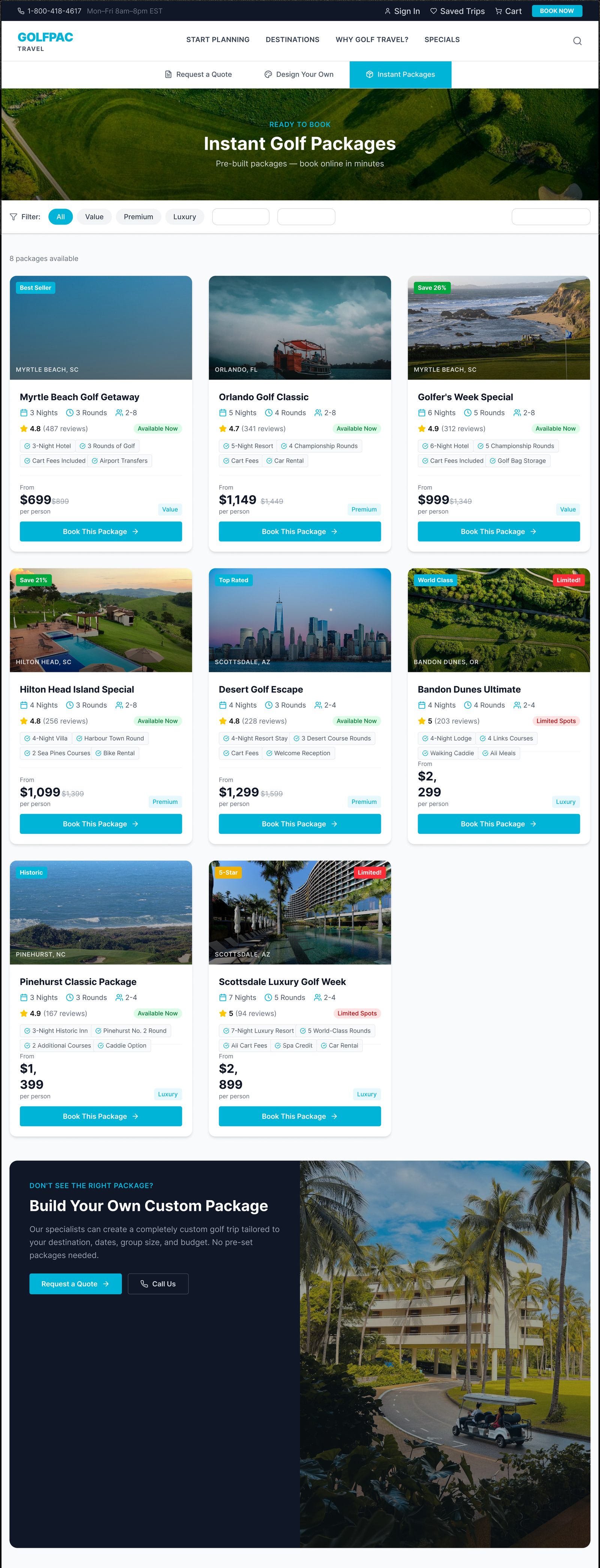 GolfPac Travel instant packages page, high-fidelity design