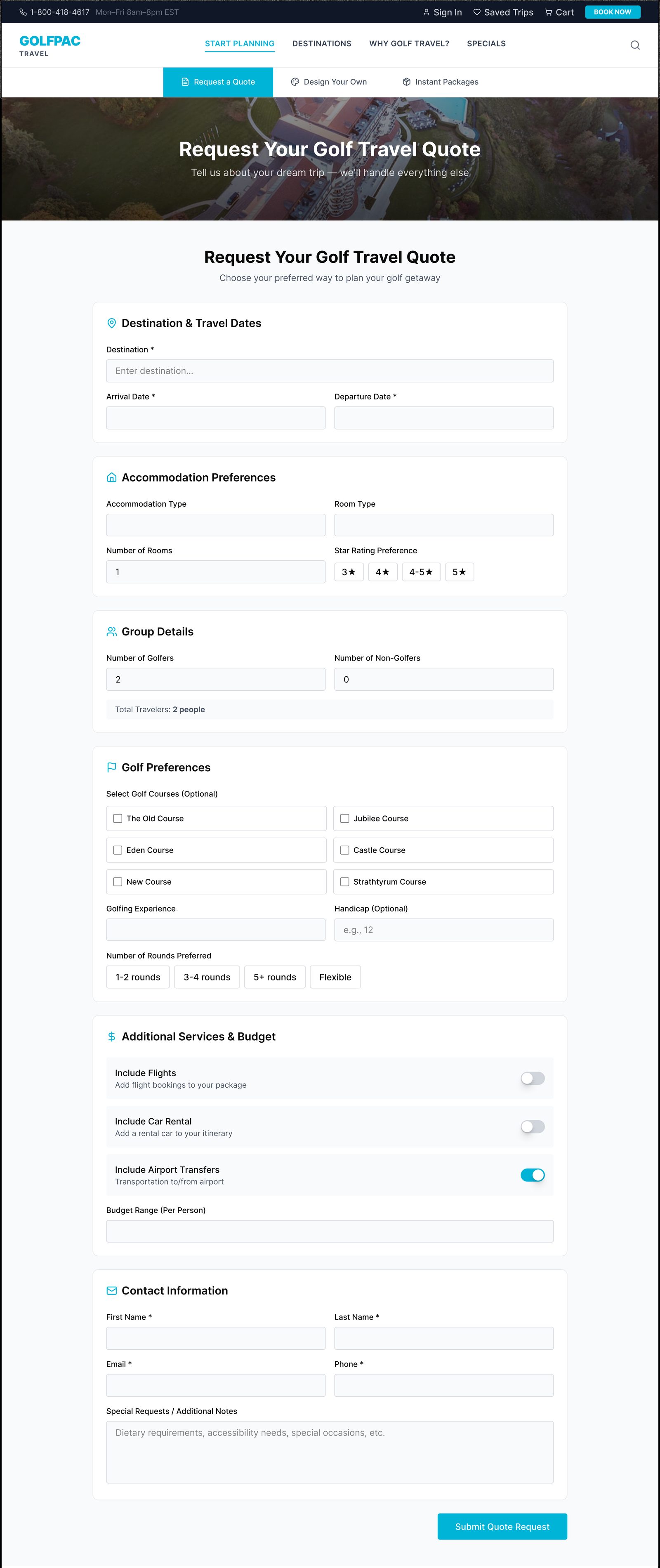 GolfPac Travel request a quote page, high-fidelity design