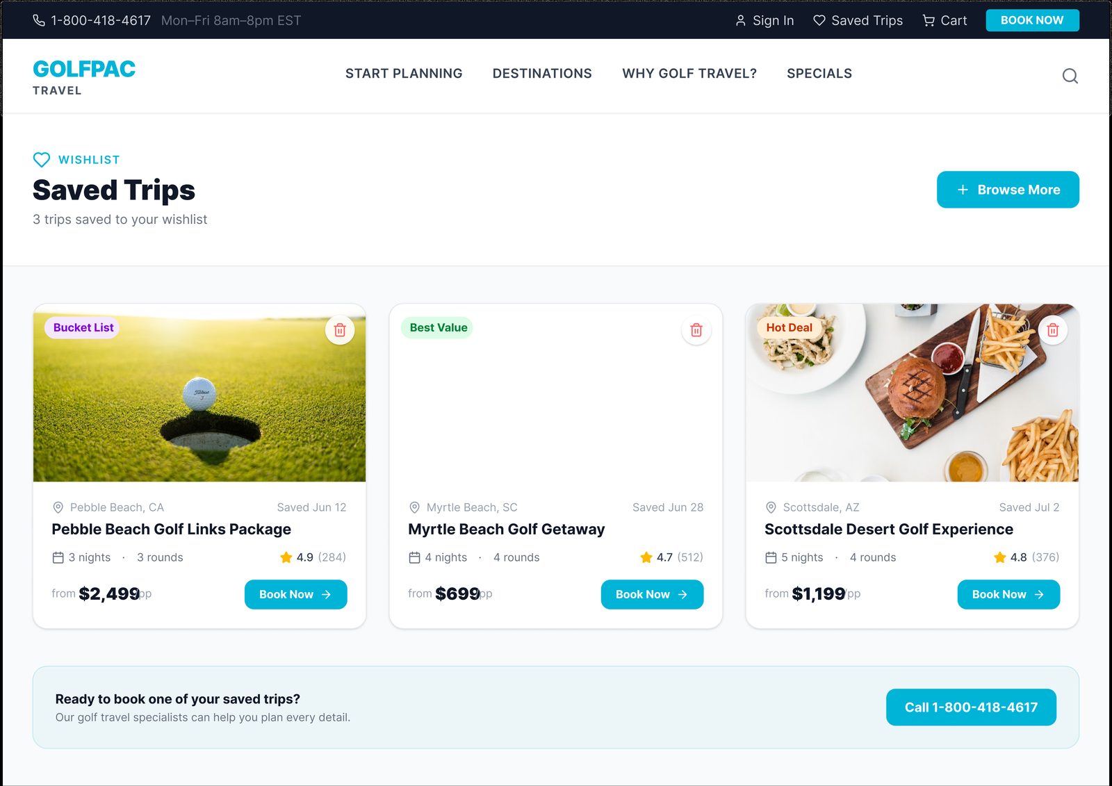 GolfPac Travel saved trips page, high-fidelity design