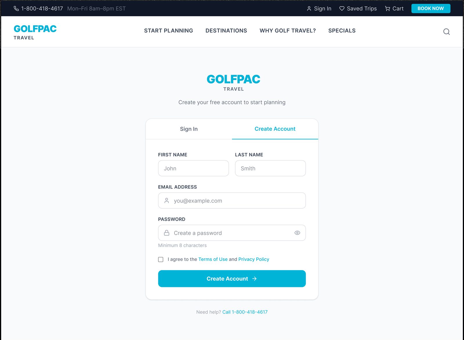 GolfPac Travel create account tab, high-fidelity design