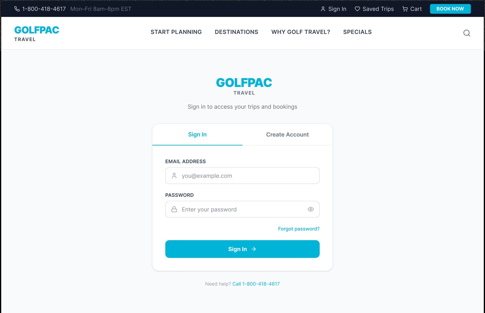GolfPac Travel sign in tab, high-fidelity design