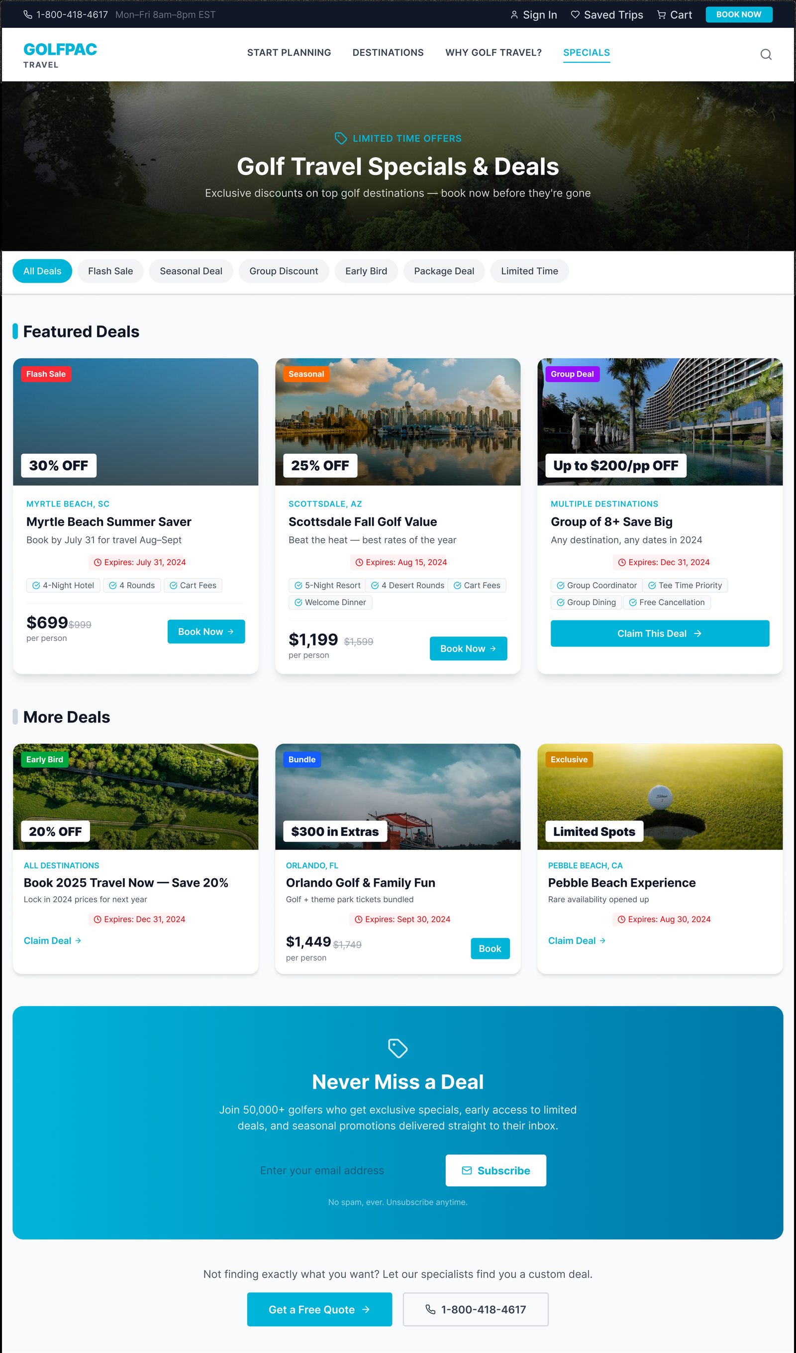 GolfPac Travel specials page, high-fidelity design