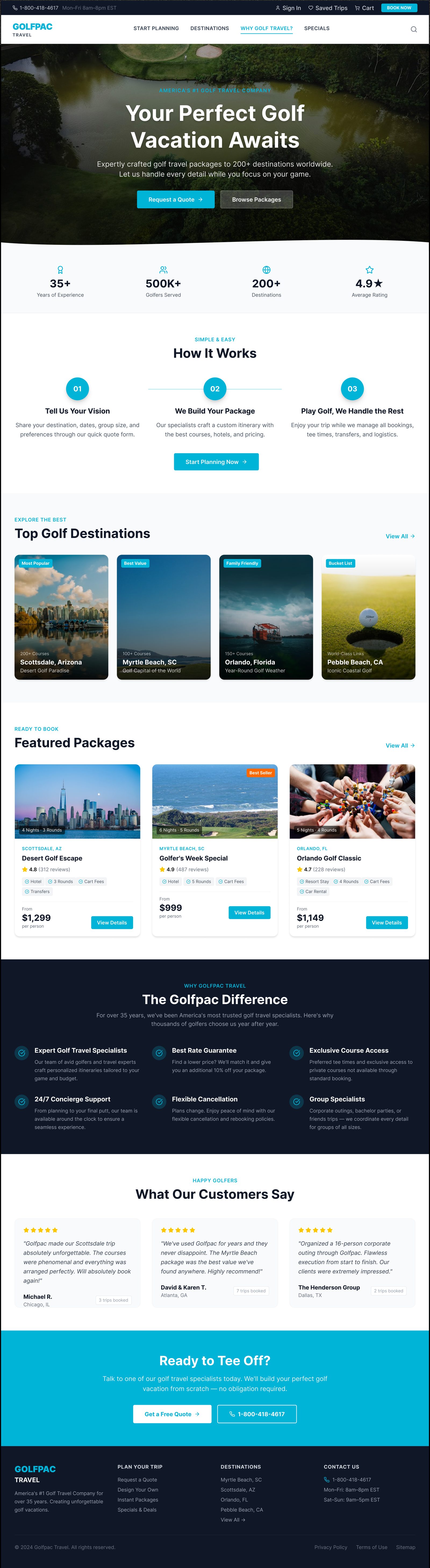 GolfPac Travel Why Golf Travel page, high-fidelity design