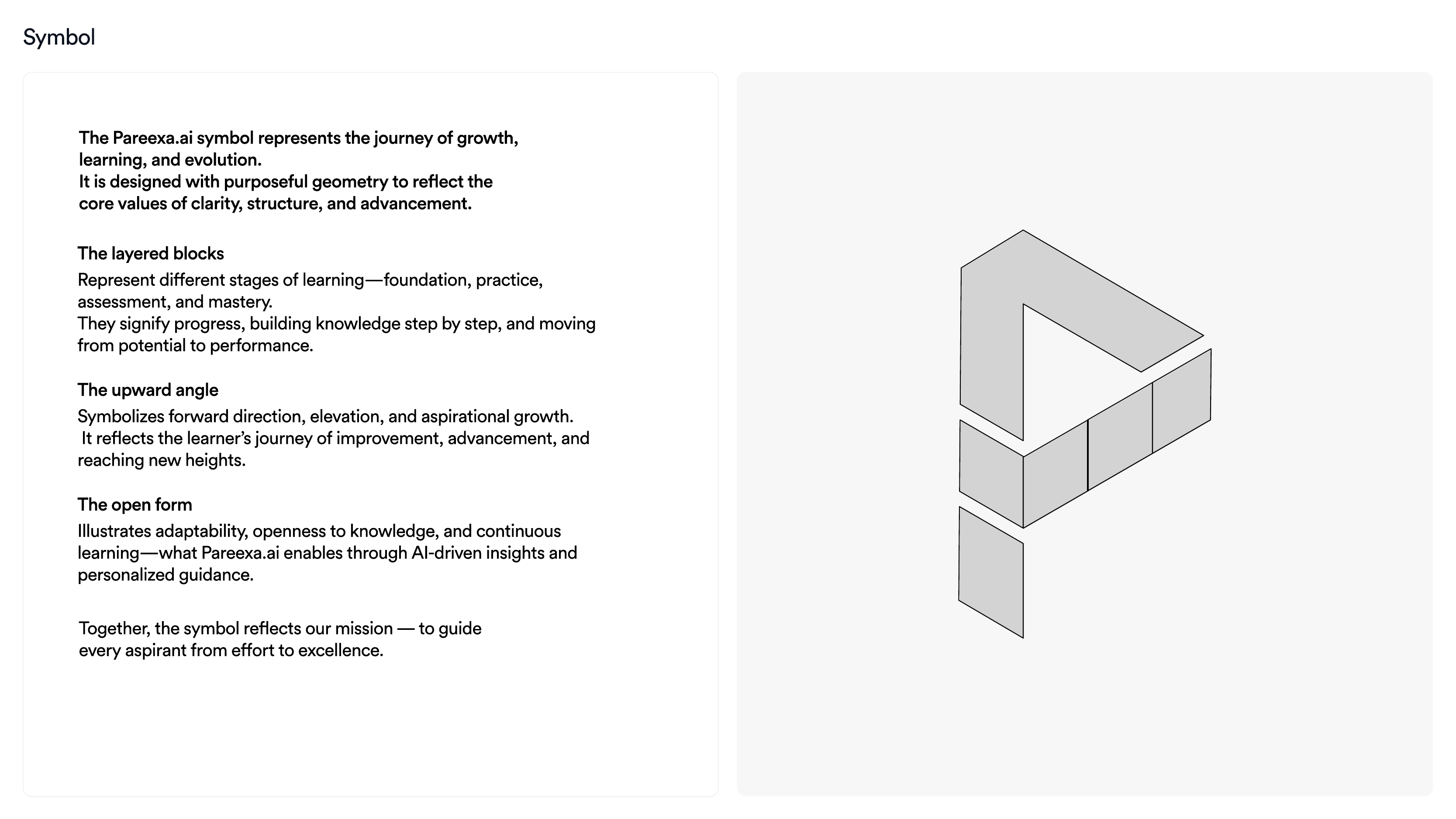 Pareexa brand guideline slide showing the symbol meaning and learning-stage metaphor