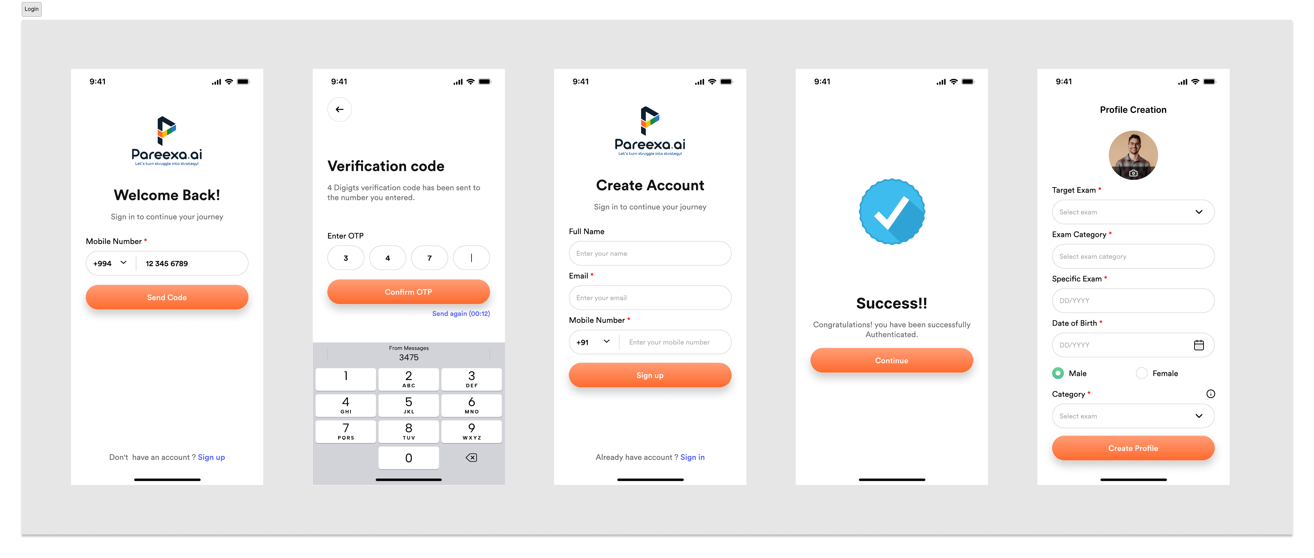 Pareexa login, OTP verification, sign up, and profile creation screens