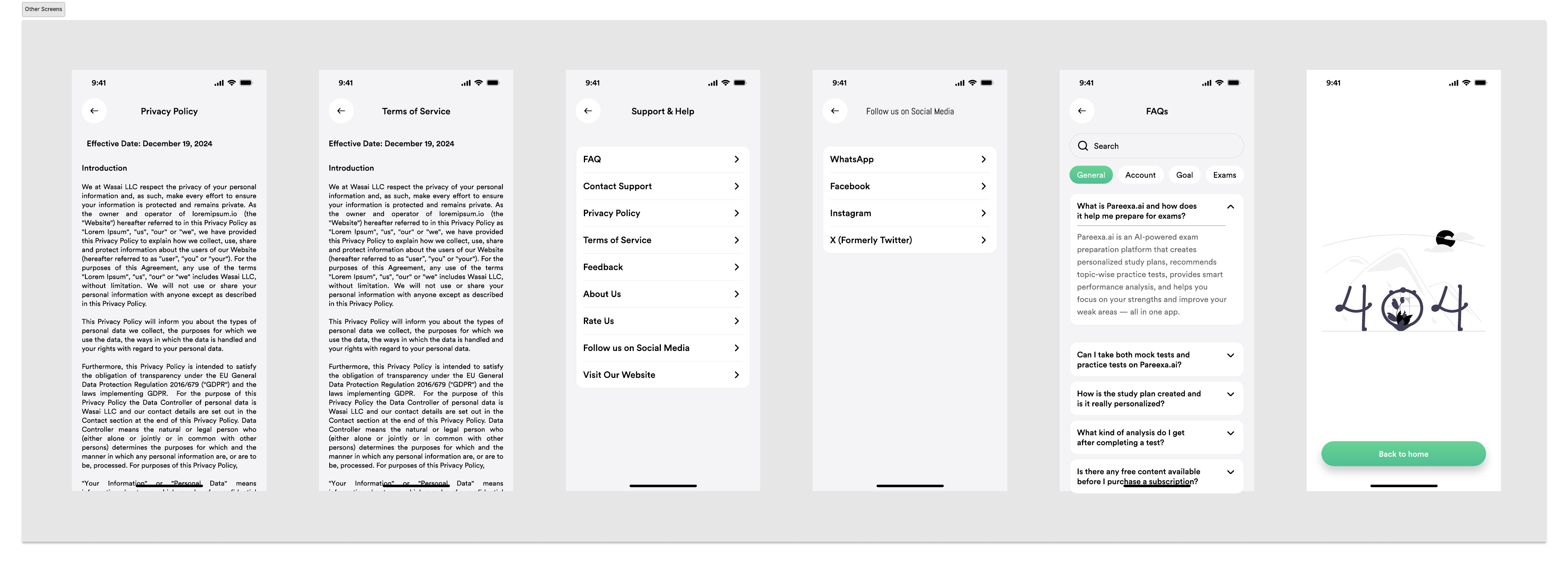 Pareexa FAQ, support, privacy policy, and related utility screens
