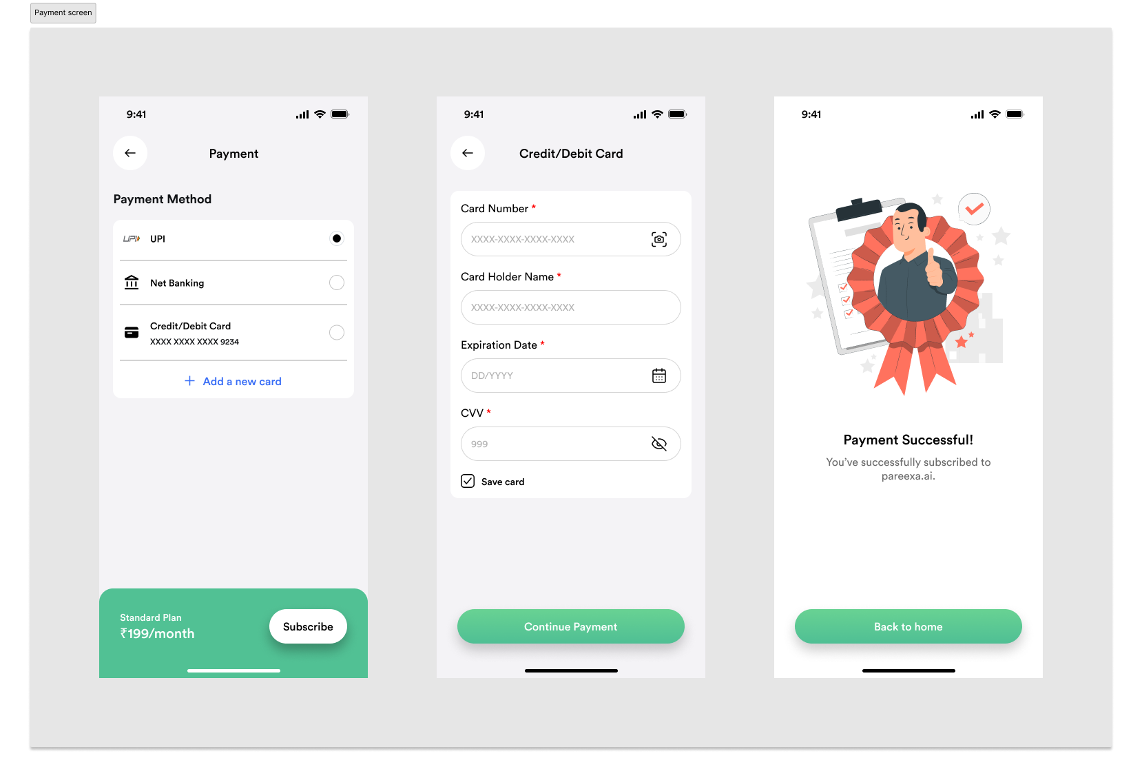 Pareexa payment flow showing payment method, card input, and success state screens