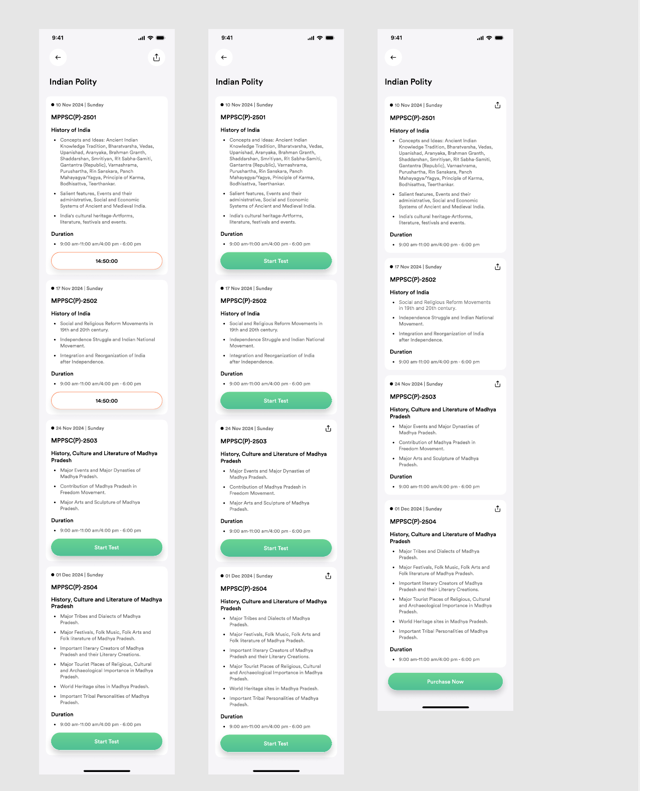 Pareexa previous year question topic list with per-topic test cards and start-test actions