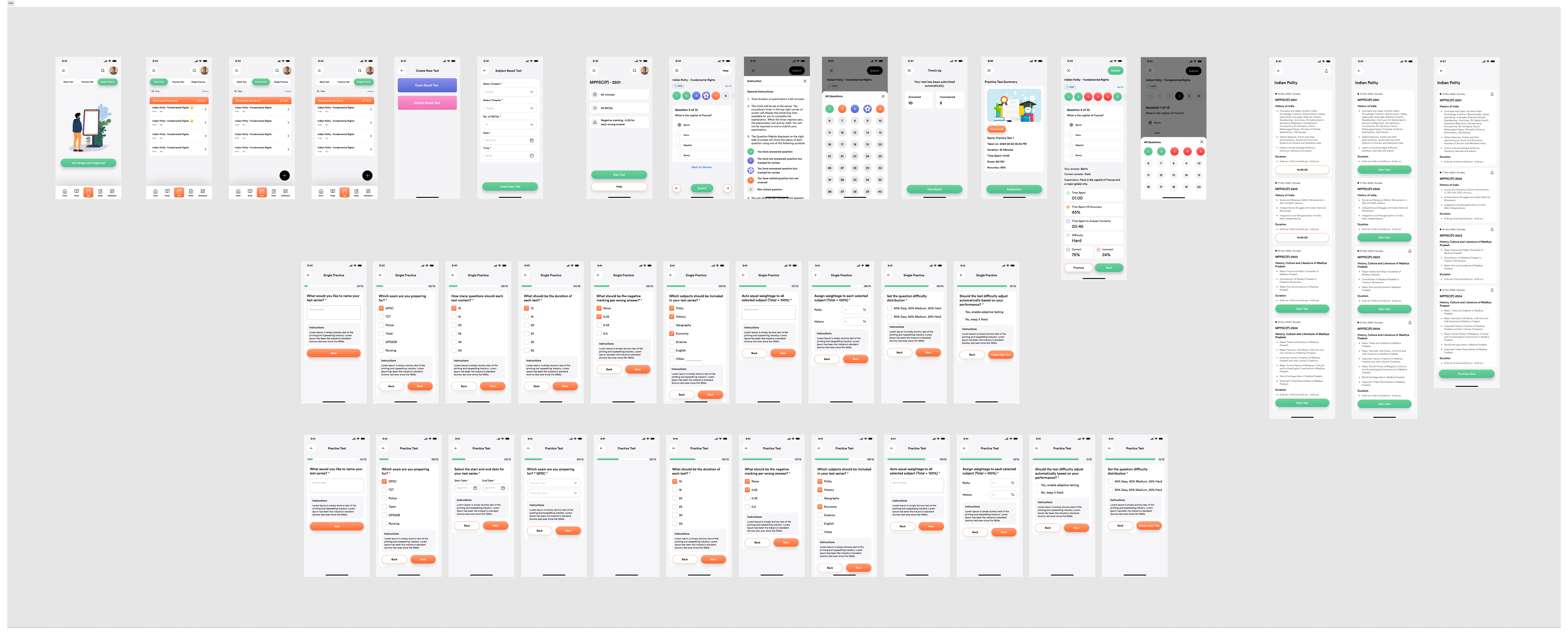Pareexa mock test and practice test flow screens