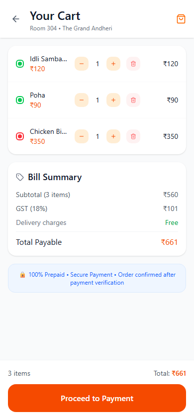 tasteX cart and checkout screen