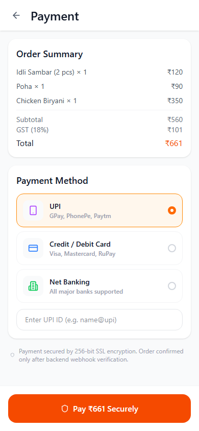 Checkout screen with UPI, card, and net banking payment method options
