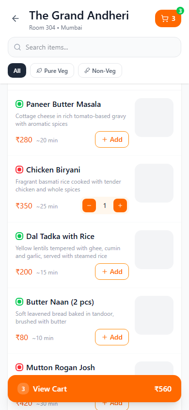 Guest menu screen filtered by veg and non-veg, organized by category