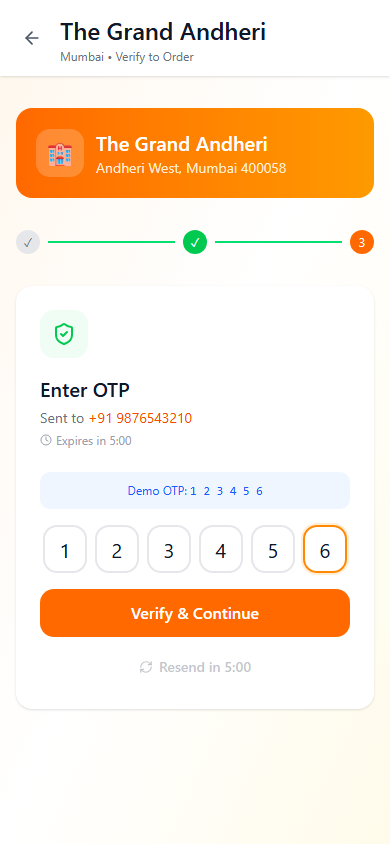 OTP verification screen with a 6-digit code entry